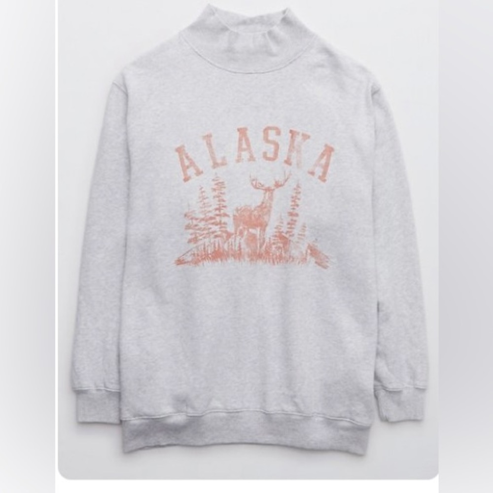 aerie Light Gray Sweatshirt with Pink Alaska Graphic